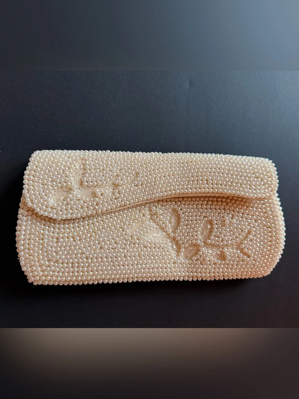 Elegant Vintage Envelope Clutch Densely Covered Ivory Faux-Pearl Beads